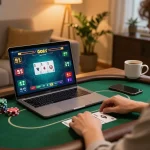 Go8 player strategizing during an online poker game in a cozy home environment.
