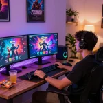Engaging gamer enjoying free porn games on dual monitors in a cozy digital studio.