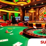 A lively casino scene featuring intense poker gameplay at a table supported by Sunwin, highlighting vibrant chips and a spinning roulette wheel.