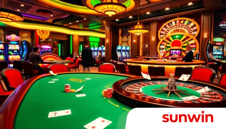 A lively casino scene featuring intense poker gameplay at a table supported by Sunwin, highlighting vibrant chips and a spinning roulette wheel.