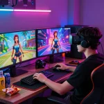 Engaging scene of a player enjoying a sex simulator game with vibrant 3D graphics.