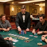 SBO BET: Players engaging at a glamorous blackjack table, focusing on strategic gameplay.