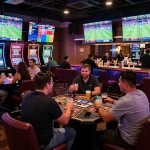 Fabet members engaging in dynamic sports betting around modern high-top tables