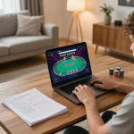 Player engaging in online casino gaming with tg88 on laptop, showcasing a comfortable gaming setup.
