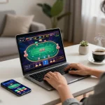 Engaging in online betting at home with mb668 enjoying a colorful poker game on a laptop