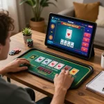 W88 user engaging in live dealer game on tablet at home, showcasing strategic gameplay