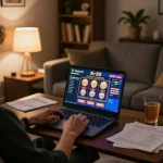 Engaged player enjoying rr88 casino games on laptop in a cozy home setup.