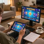 Engaging in game bai doi thuong online, person strategizing at home with tablet in cozy setting.