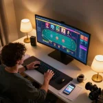 Engaging in strategic gameplay at home with 789win online casino interface visible on multiple screens