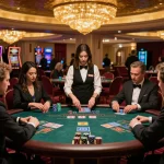 Players engaging in a high-stakes baccarat game at 8kbet with luxurious ambiance and focused atmosphere.