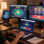 Engaged user playing poker on Okfun's online casino interface from a stylish home setup.