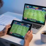 Betting excitement at NHÀ CÁI 8XBET showcased by a focused gamer placing bets on a tablet.