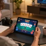 F168 player engaging in home poker game on tablet with strategy notes