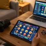 Engage with NOHU 90 on tablet showcasing slot gameplay in a cozy home setting.