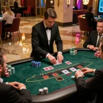 Players engaging in an exciting Ku win blackjack game, showcasing chips and cards, vibrant casino atmosphere