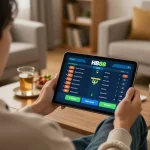 Betting on HB88 online via tablet in a cozy living room with a live match interface.