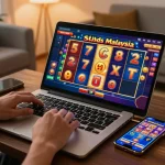 Engaging gameplay on virtual Slot Malaysia machines in a cozy home setting, highlighting strategic online gambling.