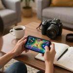 Engaging with game bai doi thuong on smartphone in a cozy living room setup, showcasing online gambling excitement