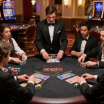 MM88 blackjack table scene with players engaged, dealer shuffling cards in a vibrant casino atmosphere.