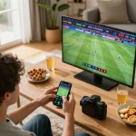 Engaging with tg88com for online sports betting while watching a live match at home.