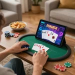Player enjoying poker on a tablet at home, showcasing Rikvip's online gaming experience.
