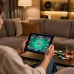 LUCK8 player enjoying online poker on tablet in cozy home setting with strategic focus
