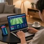Engaging home sports betting with nhà cái open88's online platform, showcasing action on laptop.