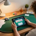 Player enjoying VT88 online poker on a tablet in a cozy home setting, highlighting strategic gameplay.