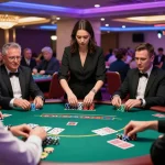 LUCKYWIN players strategizing at a dynamic poker table in a vibrant casino atmosphere