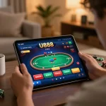 Engaged player using U888 online casino app on tablet in a stylish home environment