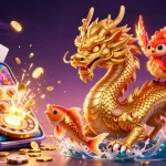 Experience the Lc88 casino vibe with a golden dragon and playful phoenix, surrounded by vibrant gaming elements.