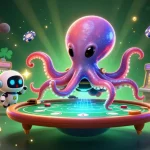 Engage with f168s as an alien octopus operates a glowing holographic poker table in a vibrant casino scene.