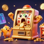 Experience the excitement of LV88 with vibrant cartoon slot machines celebrating a jackpot, surrounded by crypto coins and dynamic visuals.
