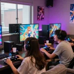 Friends enjoying a fun gaming session of a hentai game in a vibrant lounge.