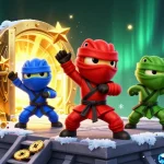 Experience thrilling gameplay at Go88 with cartoon ninja chameleons amid gold treasures and casino elements.