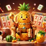Engage with the vibrant Debet casino scene featuring a golden pineapple king and festive elements.
