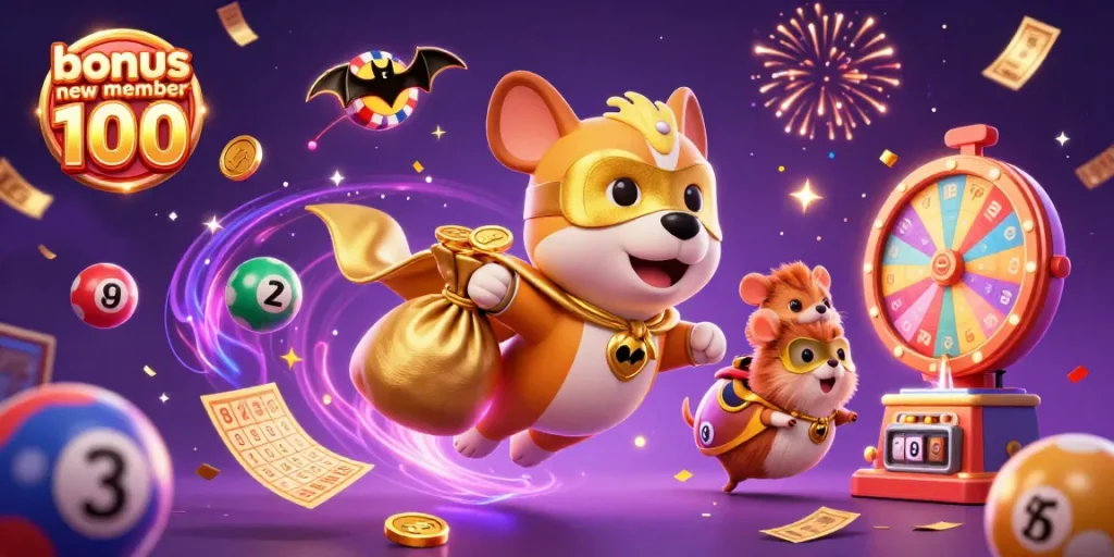Menangkan bonus new member 100 dengan 3D kartun superdog dan elemen kasino yang menarik!