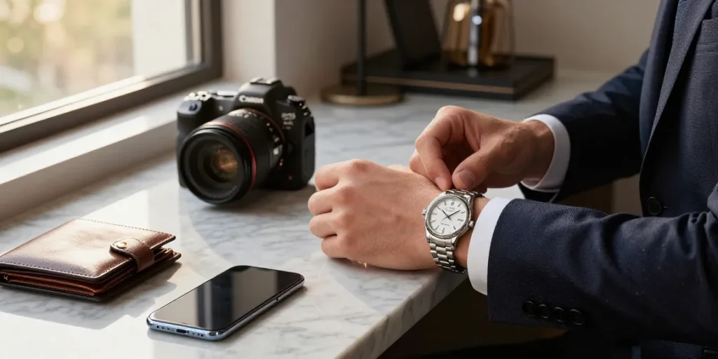 Showcasing super clone watches with elegance in a luxurious office setting.