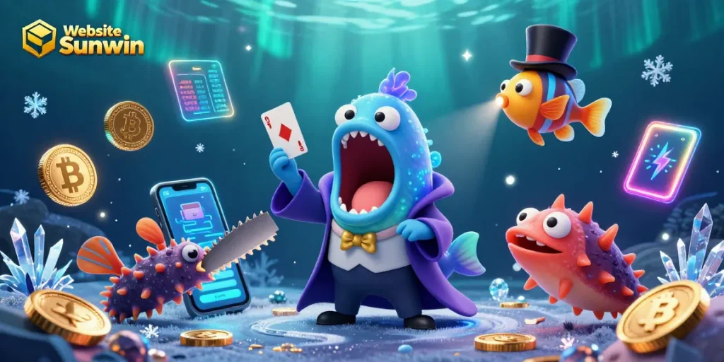 Experience thrilling fun with Website Sunwin through a captivating casino illustration filled with dynamic characters and gambling elements.