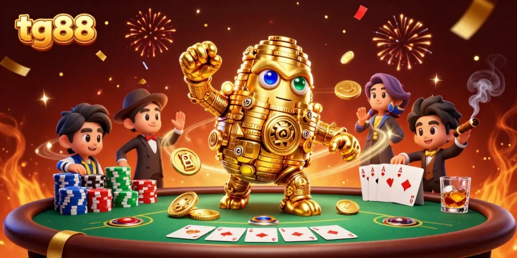 Engage with tg88's dynamic golden golem amidst vibrant casino elements and rich gaming atmosphere.