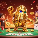 Engage with tg88's dynamic golden golem amidst vibrant casino elements and rich gaming atmosphere.