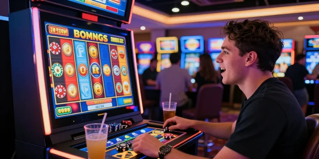 Crownnorthhill bonus buy slots player enjoying vibrant casino gaming atmosphere with colorful slot machine.