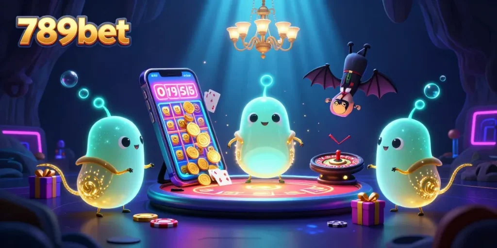Experience 789bet's gaming excitement with vibrant glowworms illuminating a casino scene.