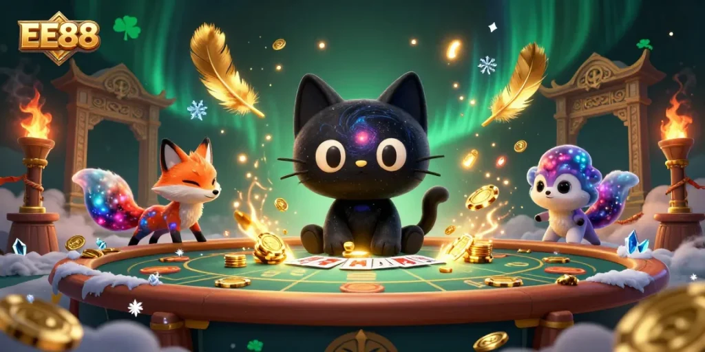 Engage with the cosmic casino atmosphere featuring EE88, where a black hole cat draws in golden chips and cards.