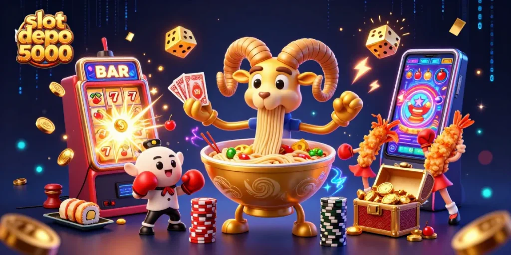 Join the slot depo 5000 experience with thrilling wins and dynamic gameplay in this vibrant casino illustration.