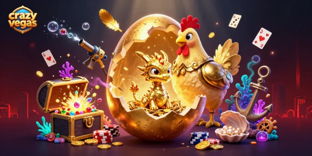 Win big with crazyvegas, featuring a golden dragon emerging from a poker chip nest, surrounded by casino treasures.