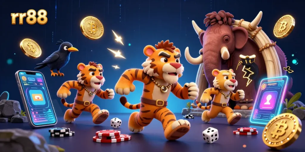 Experience thrilling gaming at rr88 with a vibrant prehistoric casino atmosphere featuring unique characters.
