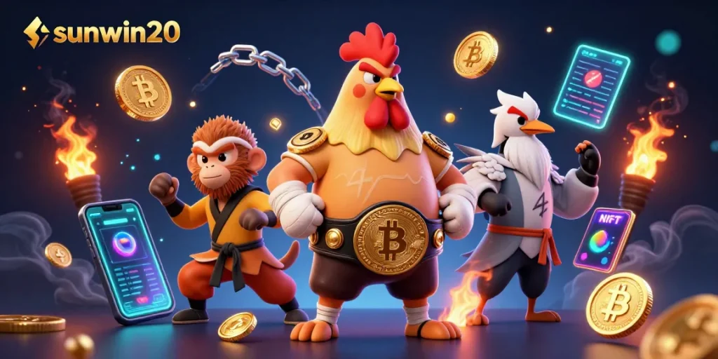 Engage with sunwin20 in a vibrant 3D casino scene with symbolic crypto elements.