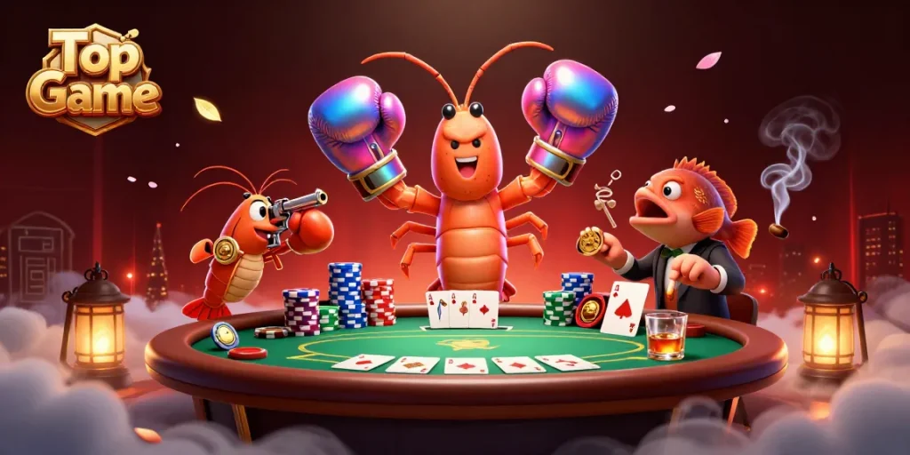 Engage in thrilling poker action with Top Game featuring animated shrimp characters and vibrant casino elements